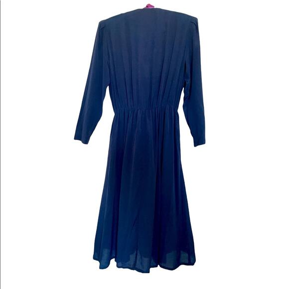 Karin Stevens Vintage Navy Long Sleeve Button Front w/ Lace n Pearl midi Dress 8 - Picture 4 of 11